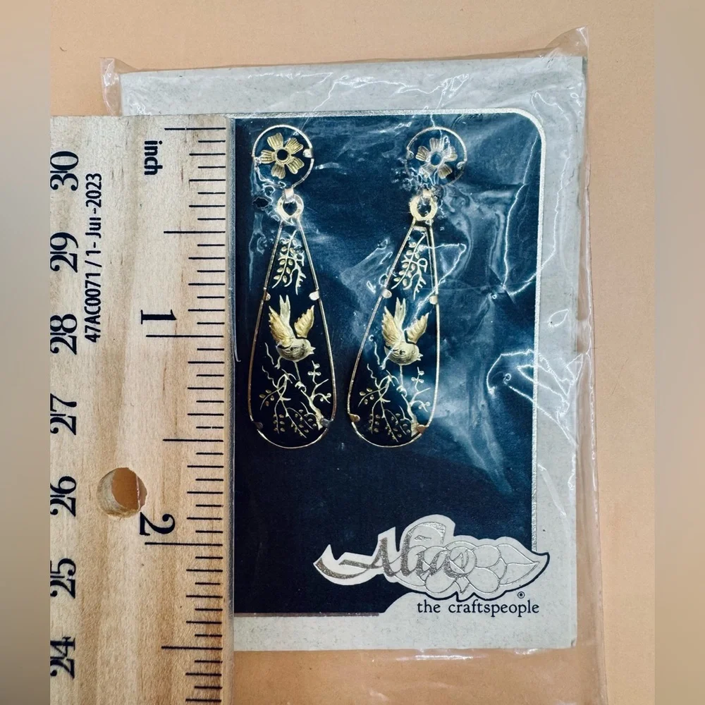 Alia Black and Gold Floral Bird Earrings - Picture 6 of 8